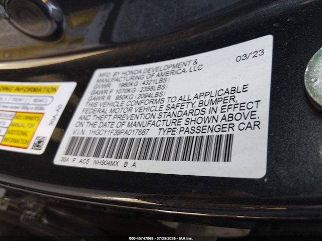 Honda ACCORD EX 2023 1HGCY1F39PA017687 Image 9
