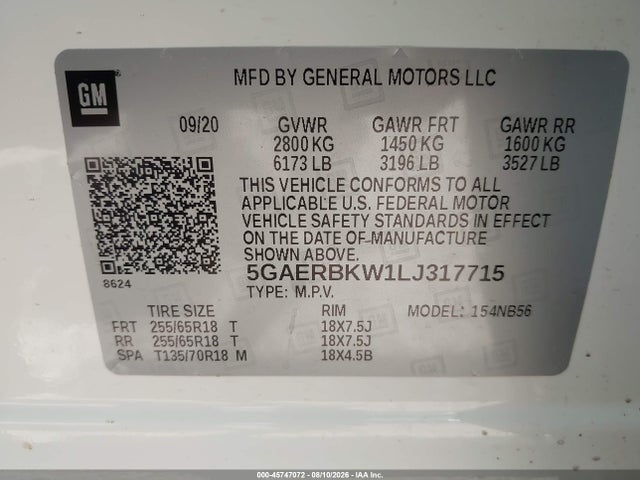 Aukcja sprzedaży 2020 Buick Enclave Fwd Essence, vin: 5GAERBKW1LJ317715, numer aukcji: 45747072
