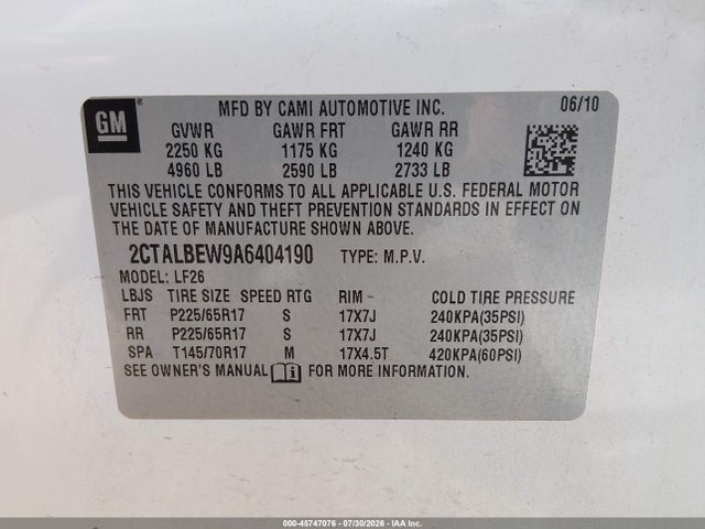 45747076 :رقم المزاد ، 2CTALBEW9A6404190 vin ، 2010 Gmc Terrain Sle-1 مزاد بيع