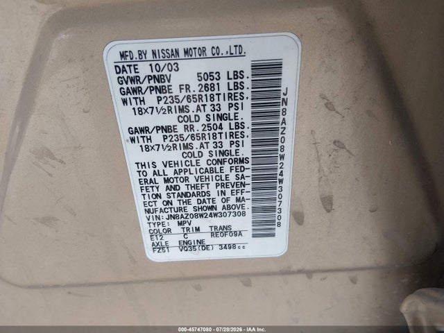 Продаж на аукціоні авто 2004 Nissan Murano Se, vin: JN8AZ08W24W307308, номер лоту: 45747080