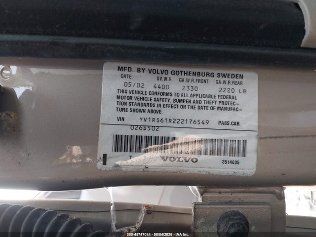 45747084 :رقم المزاد ، YV1RS61R222176549 vin ، 2002 Volvo S60 2.4 مزاد بيع