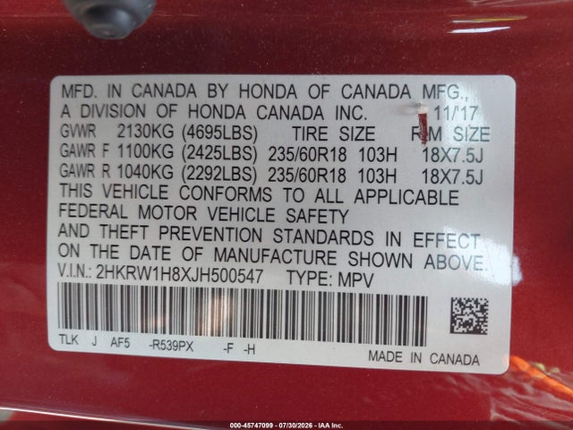 Aukcja sprzedaży 2018 Honda Cr-v Ex-l/ex-l Navi, vin: 2HKRW1H8XJH500547, numer aukcji: 45747099