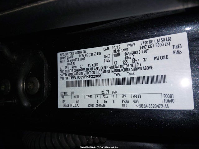 Ford F-150 Xlt 2015 1FTEW1C89FKF22988 Image 9