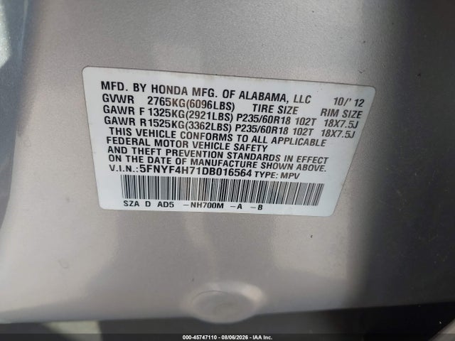 45747110 :رقم المزاد ، 5FNYF4H71DB016564 vin ، 2013 Honda Pilot Ex-l مزاد بيع