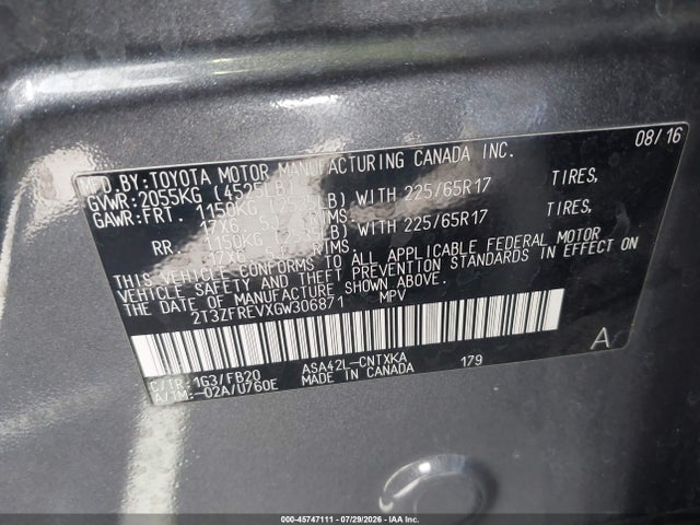 2T3ZFREVXGW306871 Toyota RAV4 LE