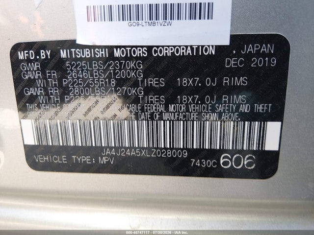 Aukcja sprzedaży 2020 Mitsubishi Outlander Phev Gt S-awc/sel S-awc, vin: JA4J24A5XLZ028009, numer aukcji: 45747117