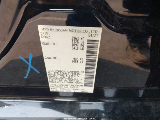 Aukcja sprzedaży 2021 Nissan Altima Sv Fwd, vin: 1N4BL4DV4MN380309, numer aukcji: 45747119