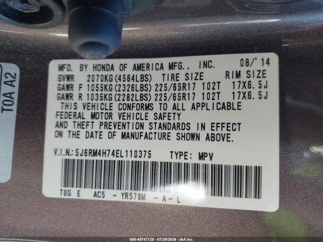 Honda Cr-v Ex-l 2014 5J6RM4H74EL110375 Image 9