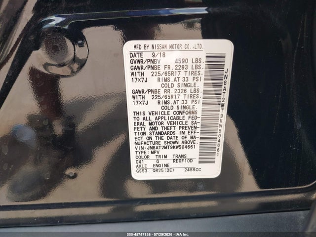 Продажа на аукционе авто 2019 Nissan Rogue Sv, vin: JN8AT2MT9KW504661, номер лота: 45747136