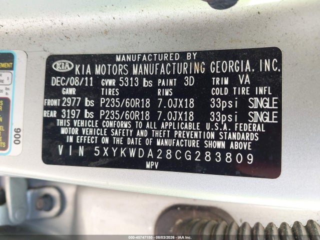 45747150 :رقم المزاد ، 5XYKWDA28CG283809 vin ، 2012 Kia Sorento Sx V6 مزاد بيع