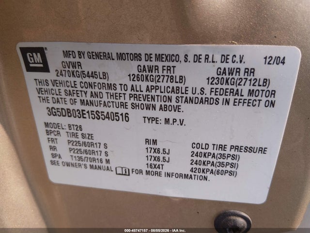 Aukcja sprzedaży 2005 Buick Rendezvous Cx, vin: 3G5DB03E15S540516, numer aukcji: 45747157