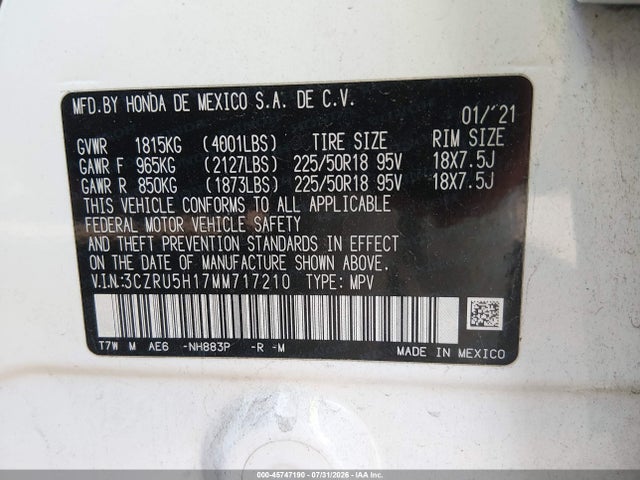 2021 Honda Hr-v 2wd Sport მანქანა იყიდება აუქციონზე, vin: 3CZRU5H17MM717210, აუქციონის ნომერი: 45747190
