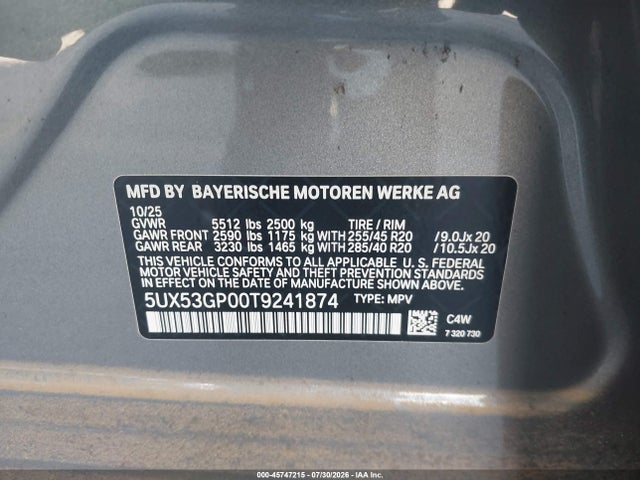 Продажа на аукционе авто 2026 Bmw X3 30 Xdrive, vin: 5UX53GP00T9241874, номер лота: 45747215