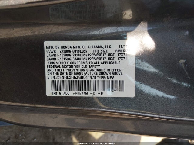 2016 Honda Odyssey Ex-l მანქანა იყიდება აუქციონზე, vin: 5FNRL5H63GB041478, აუქციონის ნომერი: 45747239