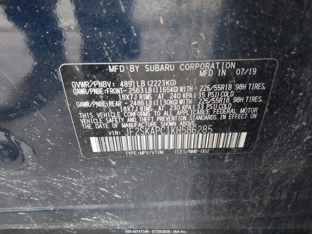 Продажа на аукционе авто 2019 Subaru Forester Sport, vin: JF2SKAPC1KH586285, номер лота: 45747249