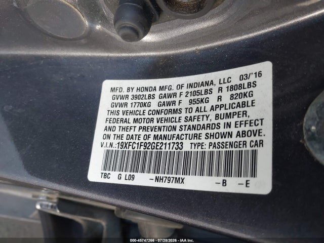19XFC1F92GE211733 Honda Civic Touring