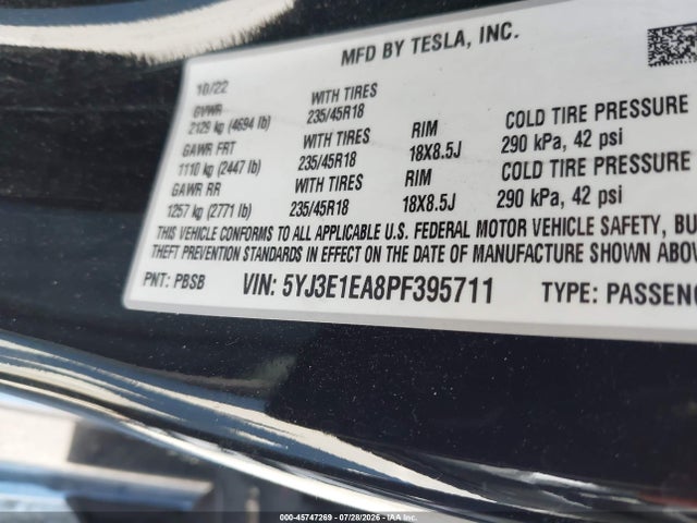 45747269 :رقم المزاد ، 5YJ3E1EA8PF395711 vin ، 2023 Tesla Model 3 Rear-wheel Drive مزاد بيع