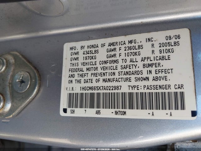 Aukcja sprzedaży 2007 Honda Accord 3.0 Ex, vin: 1HGCM665X7A022987, numer aukcji: 45747270