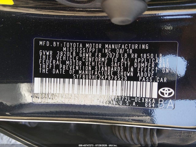 Aukcja sprzedaży 2019 Toyota Corolla Le, vin: 5YFBURHE2KP876529, numer aukcji: 45747273