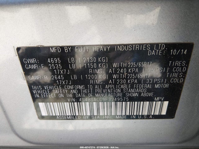45747274 :رقم المزاد ، 4S4BSACC9F3249575 vin ، 2015 Subaru Outback 2.5i Premium مزاد بيع