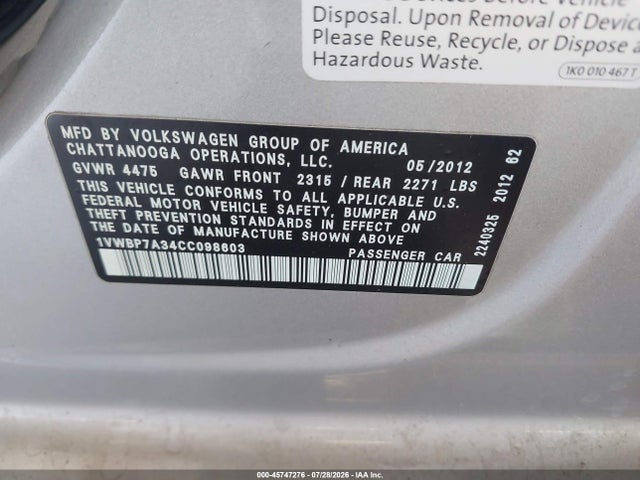 Продаж на аукціоні авто 2012 Volkswagen Passat 2.5l Se, vin: 1VWBP7A34CC098603, номер лоту: 45747276