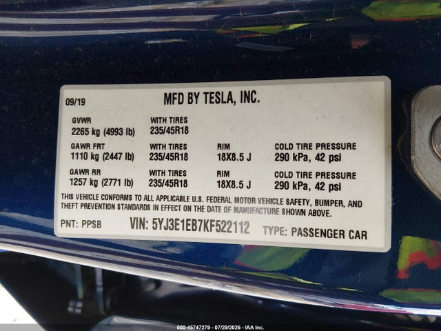 Продаж на аукціоні авто 2019 Tesla Model 3 Long Range/performance, vin: 5YJ3E1EB7KF522112, номер лоту: 45747279