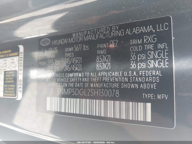Продажа на аукционе авто 2025 Hyundai Santa Fe Calligraphy, vin: 5NMP5DGL2SH130078, номер лота: 45747281