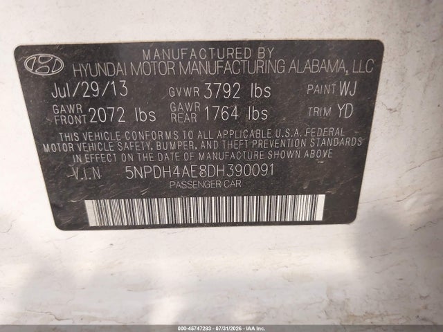 Aukcja sprzedaży 2013 Hyundai Elantra Gls, vin: 5NPDH4AE8DH390091, numer aukcji: 45747283