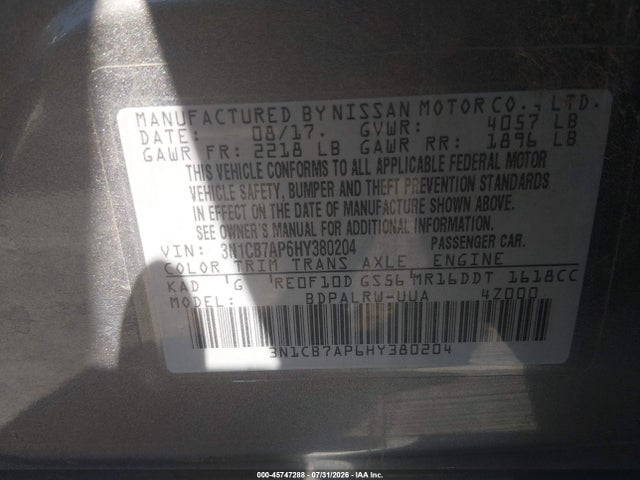 Продаж на аукціоні авто 2017 Nissan Sentra Sr Turbo, vin: 3N1CB7AP6HY380204, номер лоту: 45747288