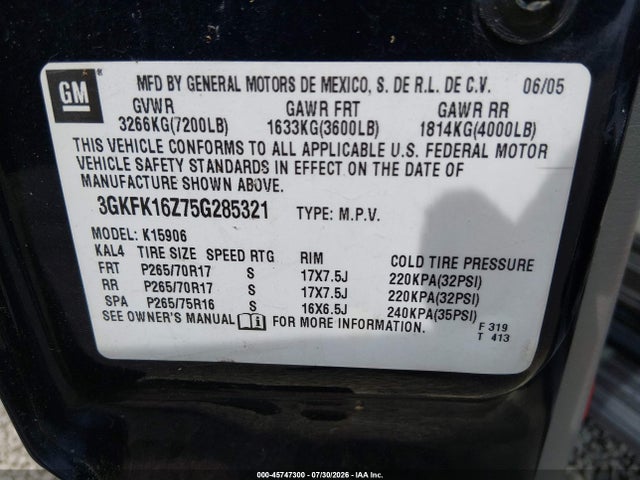 Aukcja sprzedaży 2005 Gmc Yukon Xl 1500 Slt, vin: 3GKFK16Z75G285321, numer aukcji: 45747300