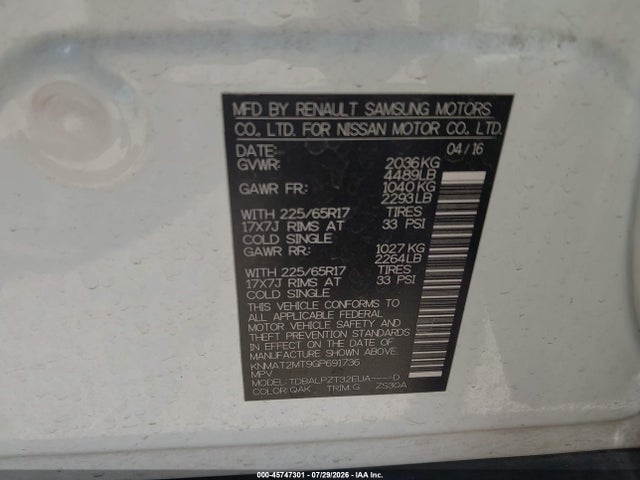 KNMAT2MT9GP691736 Nissan Rogue S/sl/sv
