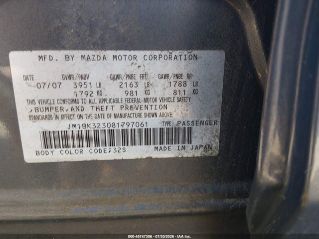 Продаж на аукціоні авто 2008 Mazda Mazda3 S Sport, vin: JM1BK323081797061, номер лоту: 45747306