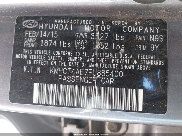 45747309 :رقم المزاد ، KMHCT4AE7FU885400 vin ، 2015 Hyundai Accent Gls مزاد بيع