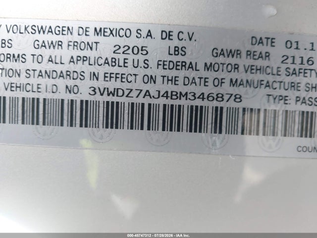 Aukcja sprzedaży 2011 Volkswagen Jetta 2.5l Se, vin: 3VWDZ7AJ4BM346878, numer aukcji: 45747312