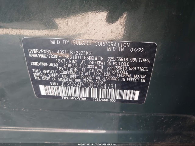 Aukcja sprzedaży 2022 Subaru Forester Limited, vin: JF2SKAPC3NH494731, numer aukcji: 45747314