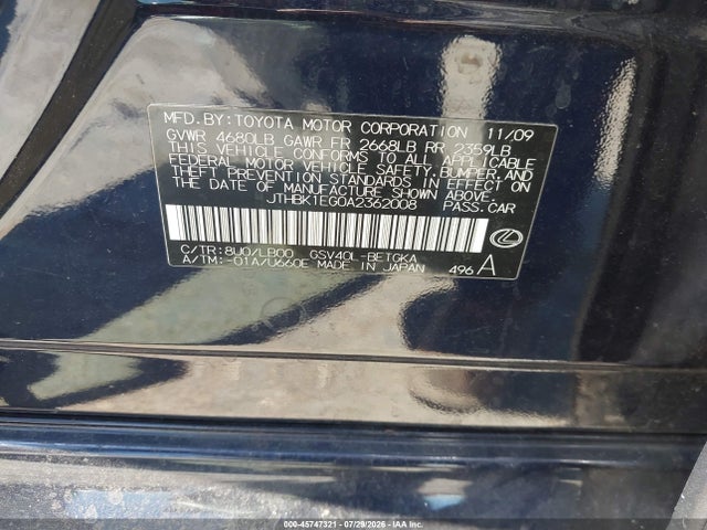 Продажа на аукционе авто 2010 Lexus Es 350, vin: JTHBK1EG0A2362008, номер лота: 45747321