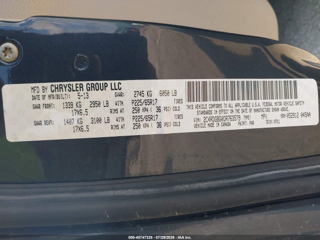 2013 Dodge Grand Caravan Se მანქანა იყიდება აუქციონზე, vin: 2C4RDGBG0DR763579, აუქციონის ნომერი: 45747328