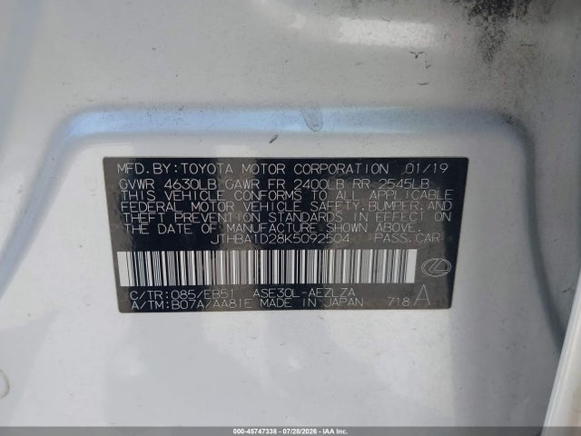 45747338 :رقم المزاد ، JTHBA1D28K5092504 vin ، 2019 Lexus Is 300 مزاد بيع