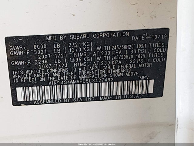 Subaru Ascent Limited 2020 4S4WMAPD5L3427492 Image 9