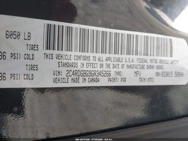 45747356 :رقم المزاد ، 2C4RDGBG9GR345266 vin ، 2016 Dodge Grand Caravan Se مزاد بيع