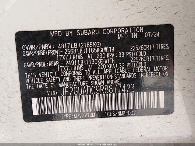 Продаж на аукціоні авто 2024 Subaru Crosstrek Premium, vin: JF2GUADC9R8877423, номер лоту: 45747357