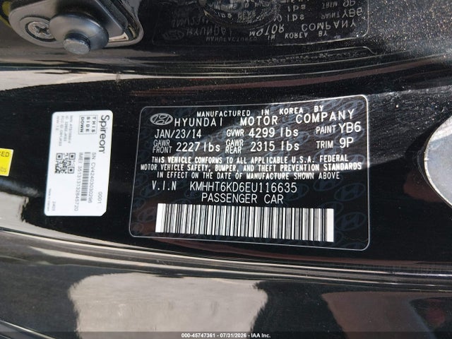 Продаж на аукціоні авто 2014 Hyundai Genesis 2.0t R-spec, vin: KMHHT6KD6EU116635, номер лоту: 45747361