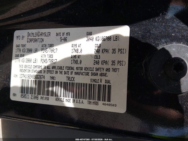 Aukcja sprzedaży 2006 Dodge Ram 1500 Slt/trx4 Off Road/sport, vin: 1D7HU182X6S662674, numer aukcji: 45747365