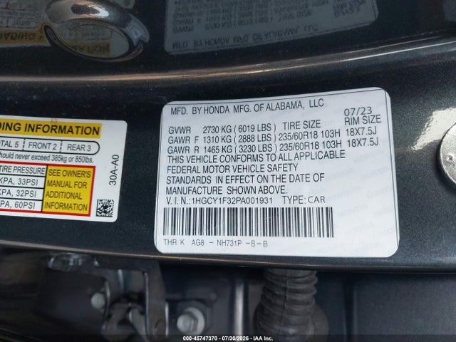 45747370 :رقم المزاد ، 1HGCY1F32PA001931 vin ، 2023 Honda Accord Ex مزاد بيع
