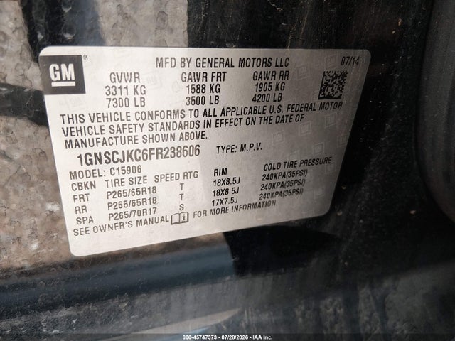 Chevrolet Suburban Lt 2015 1GNSCJKC6FR238606 Image 9