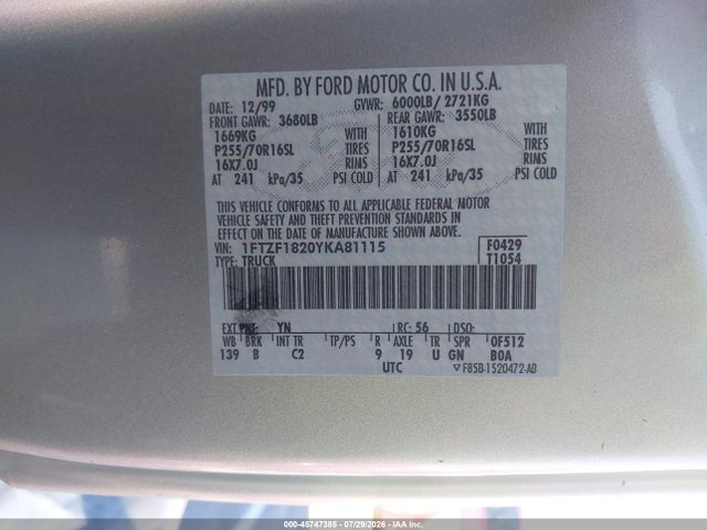 2000 Ford F-150 Work Series/xl/xlt მანქანა იყიდება აუქციონზე, vin: 1FTZF1820YKA81115, აუქციონის ნომერი: 45747385