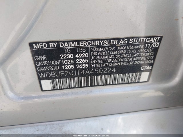 45747386 :رقم المزاد ، WDBUF70J14A450224 vin ، 2004 Mercedes-benz E 500 مزاد بيع