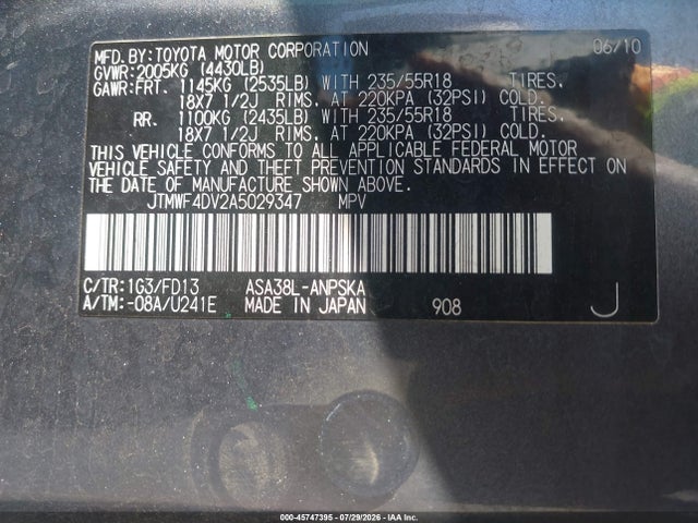 2010 Toyota Rav4 Sport მანქანა იყიდება აუქციონზე, vin: JTMWF4DV2A5029347, აუქციონის ნომერი: 45747395