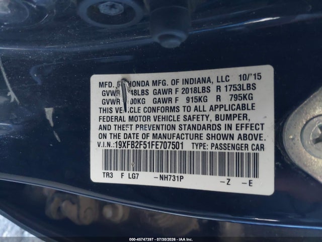 Honda Civic Lx 2015 19XFB2F51FE707501 Image 9