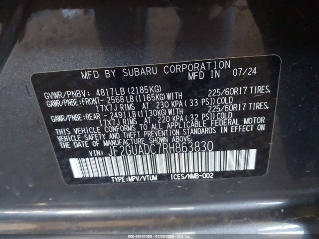 Aukcja sprzedaży 2024 Subaru Crosstrek Premium, vin: JF2GUADC7RH863830, numer aukcji: 45747398